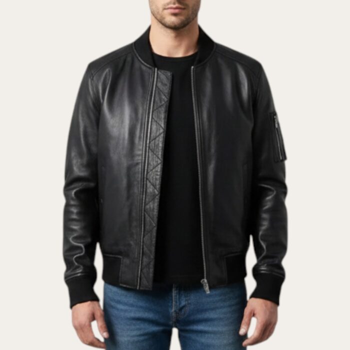 Reynolds Black Bomber Jacket Front Reynolds Black Bomber Jacket - Semi aniline Edition - Image 1