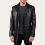 Vanguard 3/4 Length Black Leather Coat Front Side
