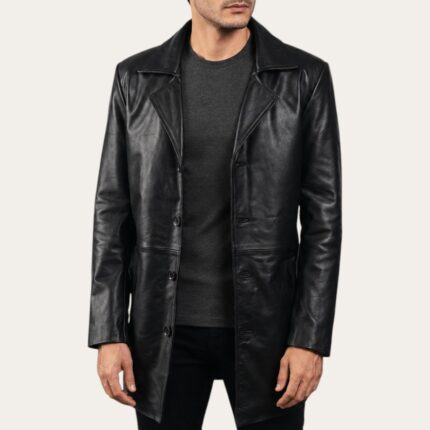 Vanguard 3/4 Length Black Leather Coat Front Side